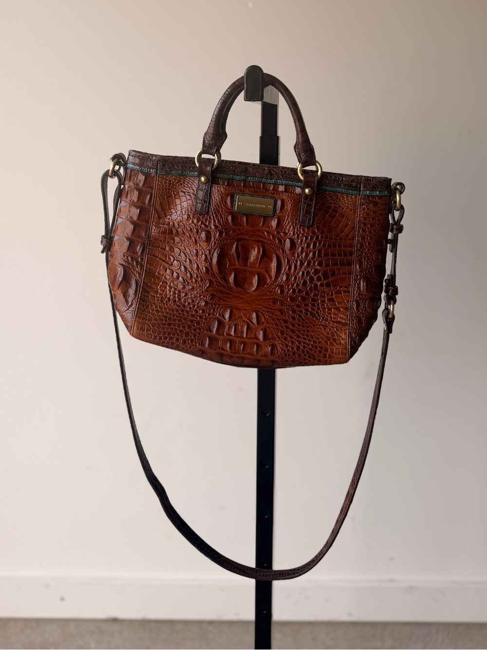 Brahmin Cognac Croc-Embossed Leather Satchel with Detachable Strap